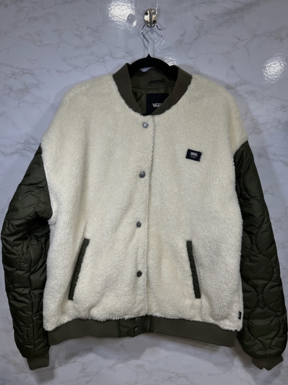 VANS Kasia Bomber Varsity Quilt Women’s Sherpa Grape Leaf Green Jacket Sz XL Gr - Picture 3 of 7
